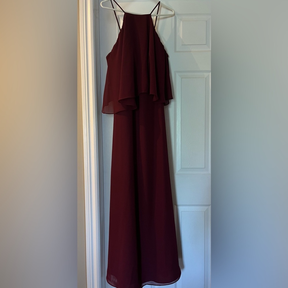 SORELLA VITA burgundy Sleeveless Halter Maxi Dress with chiffon flounce